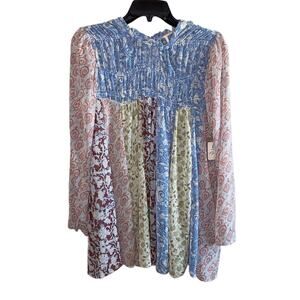 Free People Merrie Mix Print Tunic Dress XS Boho Patchwork Babydoll Long Sleeve